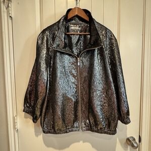 Peter Nygard Silver Metallic Black 1/2 Sleeve Zipper Jacket Women's 2X